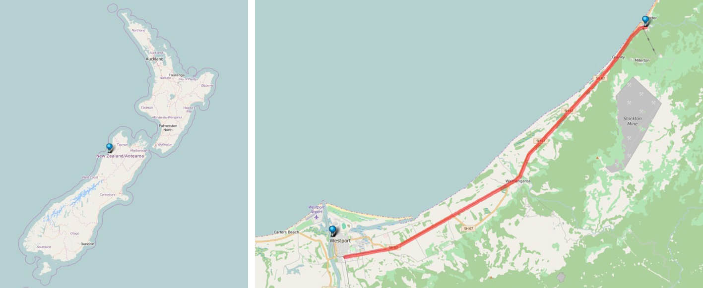 Landkarte: Lage der Strecke Ngakawau - Westport der KiwiRail