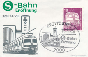Sonderstempel zur Eröffnung der S-Bahn-Stuttgart. Die Baureihe 420 hat es sogar auf eine offizielle Briefmarke geschafft.