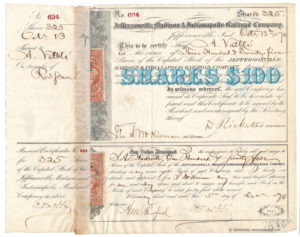 Aktie Jeffersonville, Madison and Indianapolis Railroad 1870 - 325 shares zu 100$