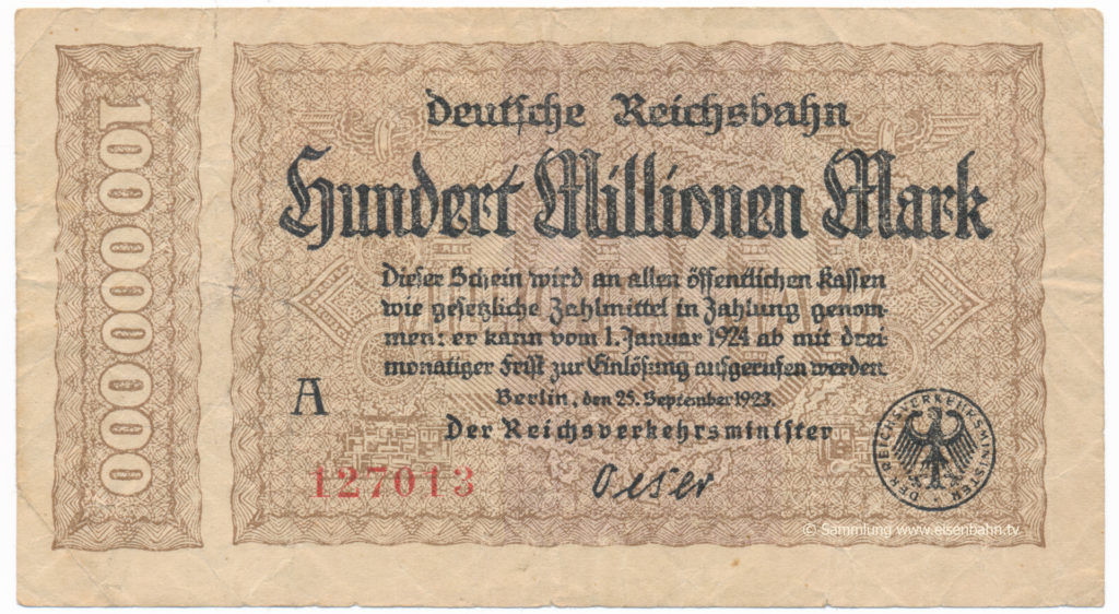 Reichsbahn 100 Millionen Mark Inflation 25. September 1923