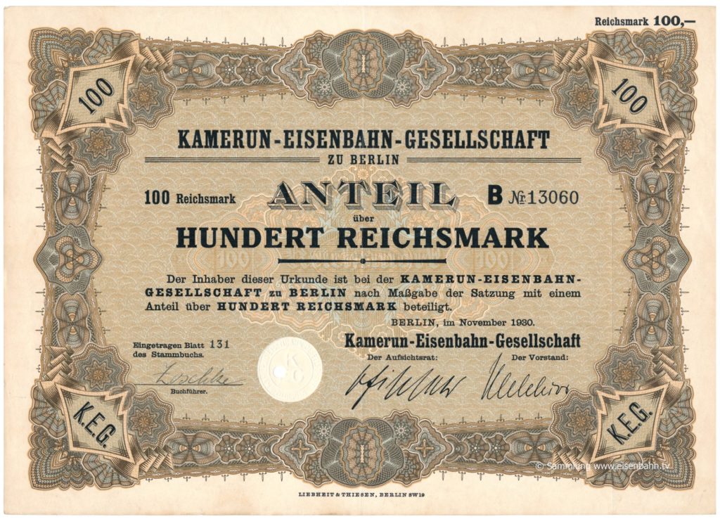 1930 Aktie Hundert Reichsmark Kamerun Eisenbahn Gesellschaft zu Berlin
