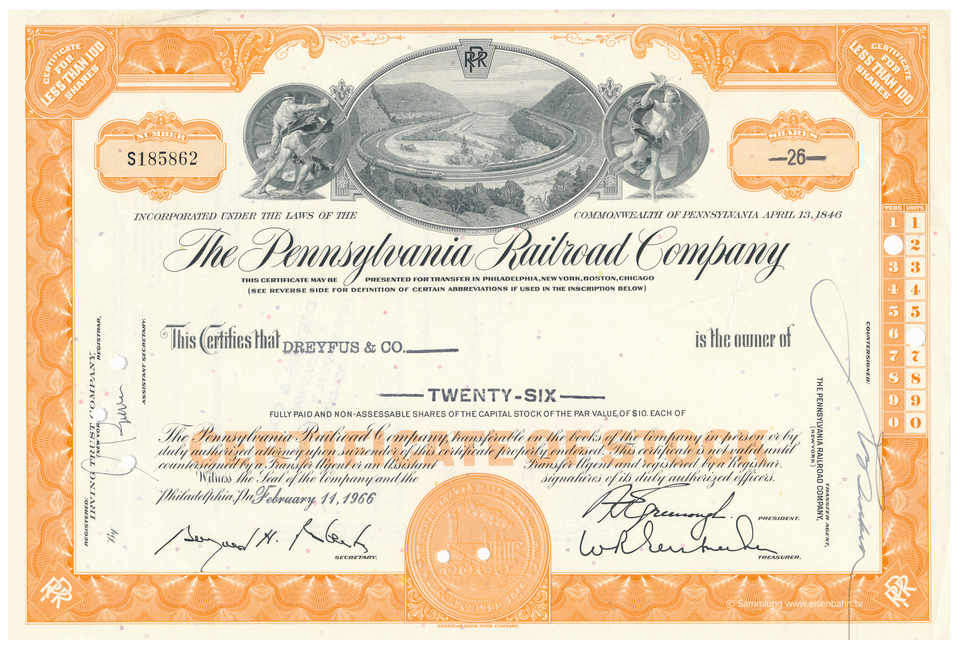 Original Share The Pennsyvania Railrad Company 26 Shares 1966