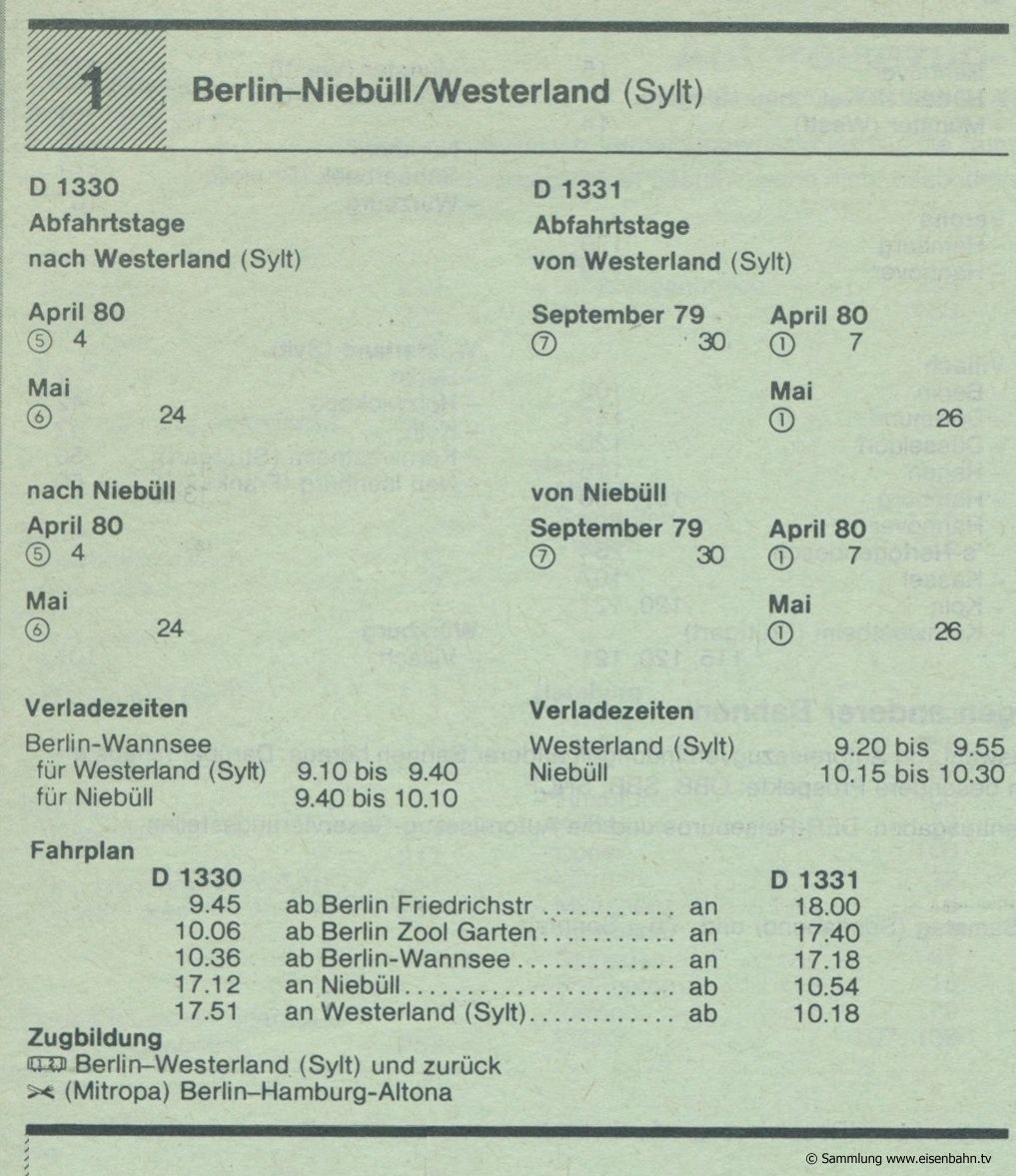 D 1330 D 1331 Berlin - Niebüll -Westerland (Sylt) Autozug Autoreisezug Fahrplan aus dem Kursbuch 1979 1980