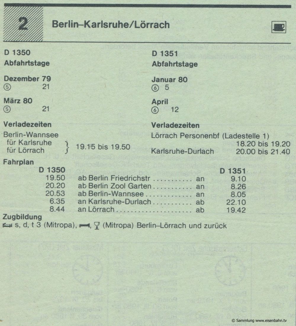 D 1350 D 1351 Berlin - Karlsruhe - Lörrach  Autozug Autoreisezug Fahrplan aus dem Kursbuch 1979 1980