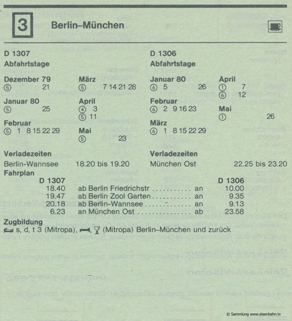 D 1307 D 1306 -Berlin - München Autozug Autoreisezug Fahrplan aus dem Kursbuch 1979 1980