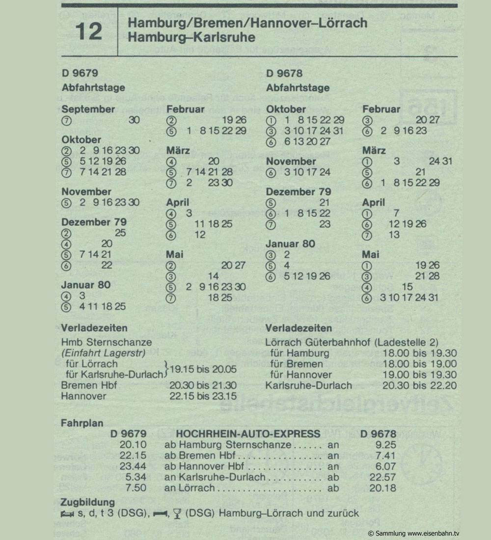 D 9679 D 9678 Hochrhein- Auto-Express Hamburg - Bremen - Hannover - Lörrach - Hamburg Karlsruhe Autozug Autoreisezug Fahrplan aus dem Kursbuch 1979 1980