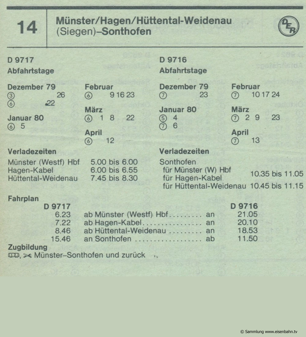 D 9717 D 91716 Münster / Hagen / Hüttental-Weidenau (Singen) - Sonthofen Autozug Autoreisezug Fahrplan aus dem Kursbuch 1979 1980