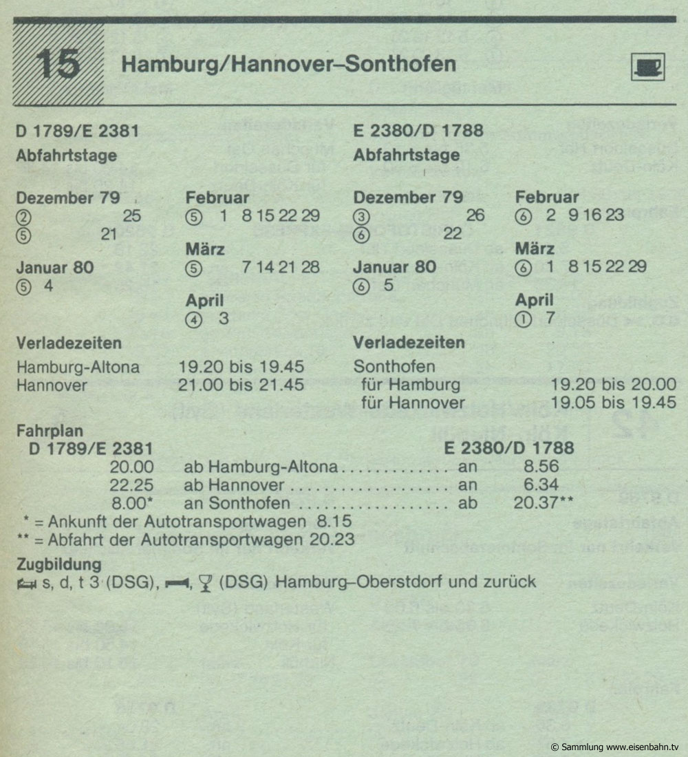 D 1789 / E 2381 - D 2380 / D 1788 Hamburg / Hannover - Sonthofen Autozug Autoreisezug Fahrplan aus dem Kursbuch 1979 1980