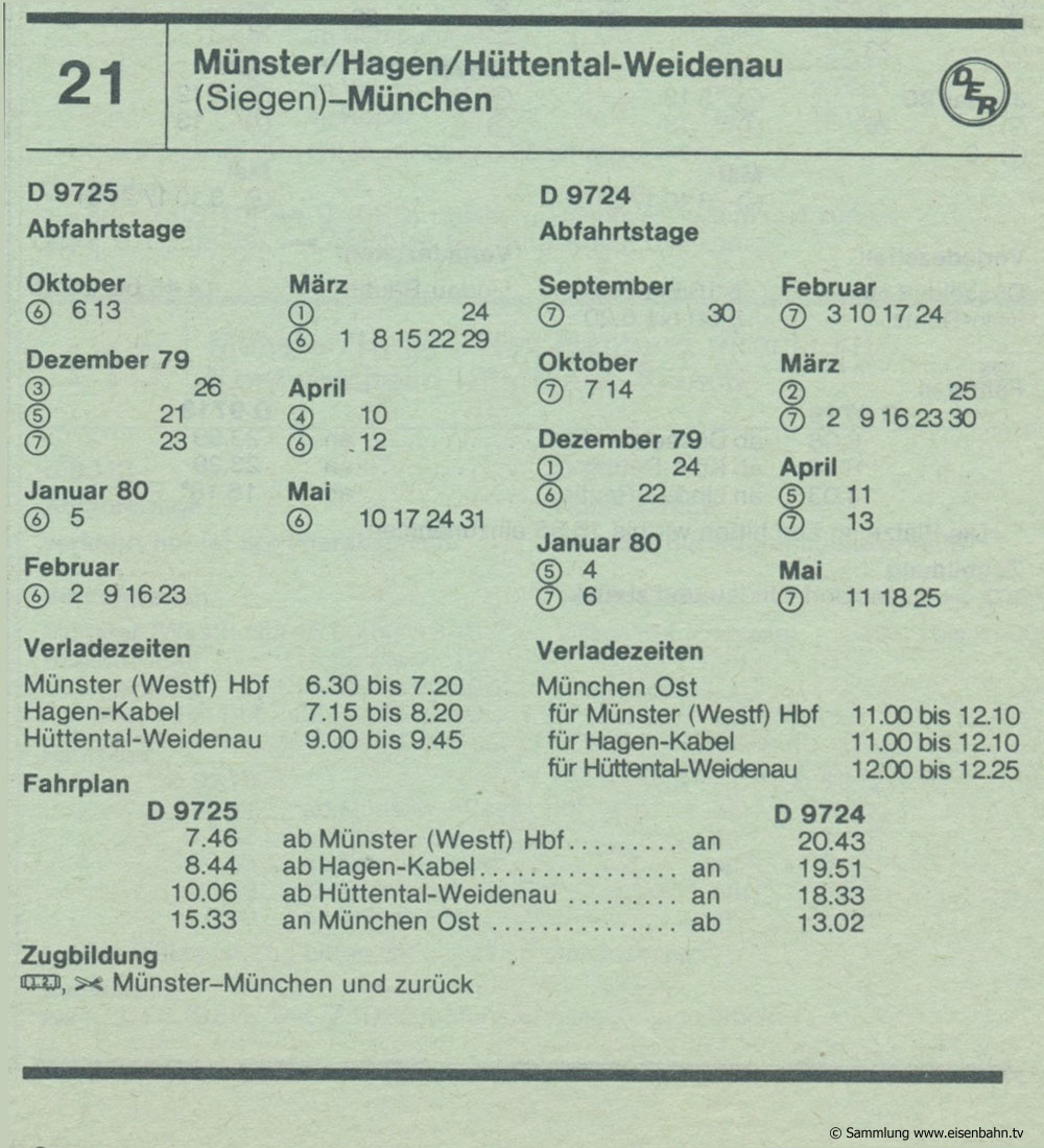 D 9725  D 97 24 Münster / Hagen / Hüttental-Weidenau ( Singen) - München Autozug Autoreisezug Fahrplan aus dem Kursbuch 1979 1980