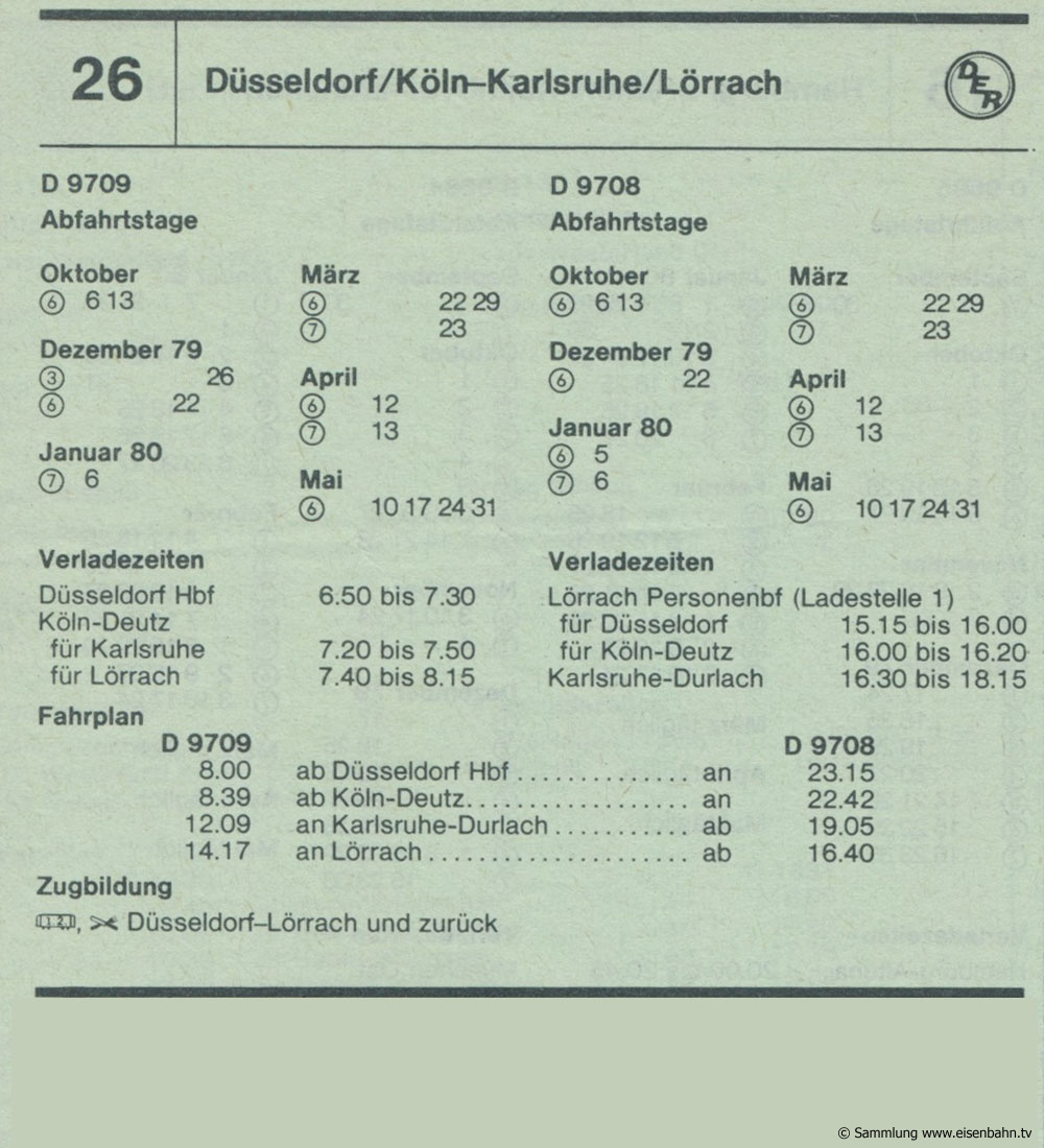 D 9709 D 9708 Düsseldorf /  Köln - Karlsruhe / Lörrach Autozug Autoreisezug Fahrplan aus dem Kursbuch 1979 1980