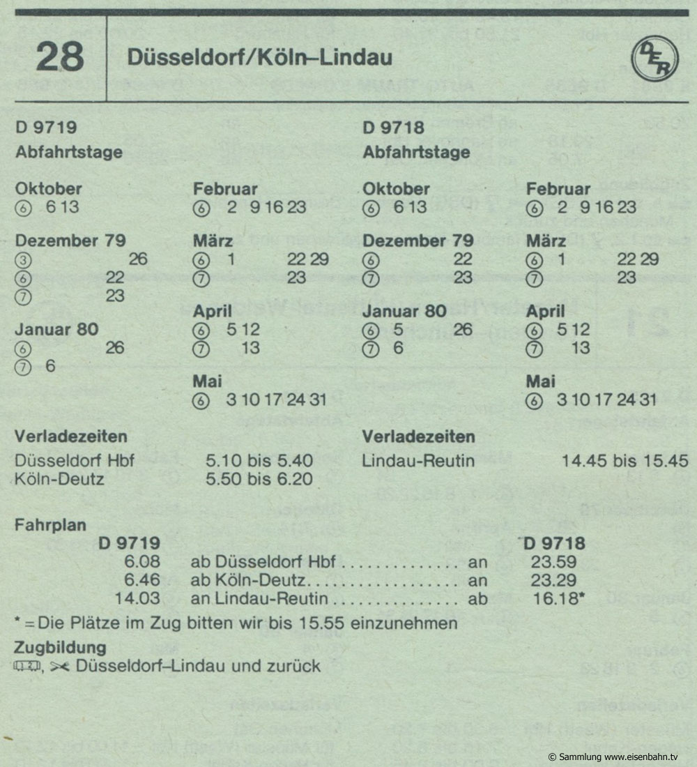 D 9719 D 9718 Düsseldorf / Köln -  Lindau  Autozug Autoreisezug Fahrplan aus dem Kursbuch 1979 1980