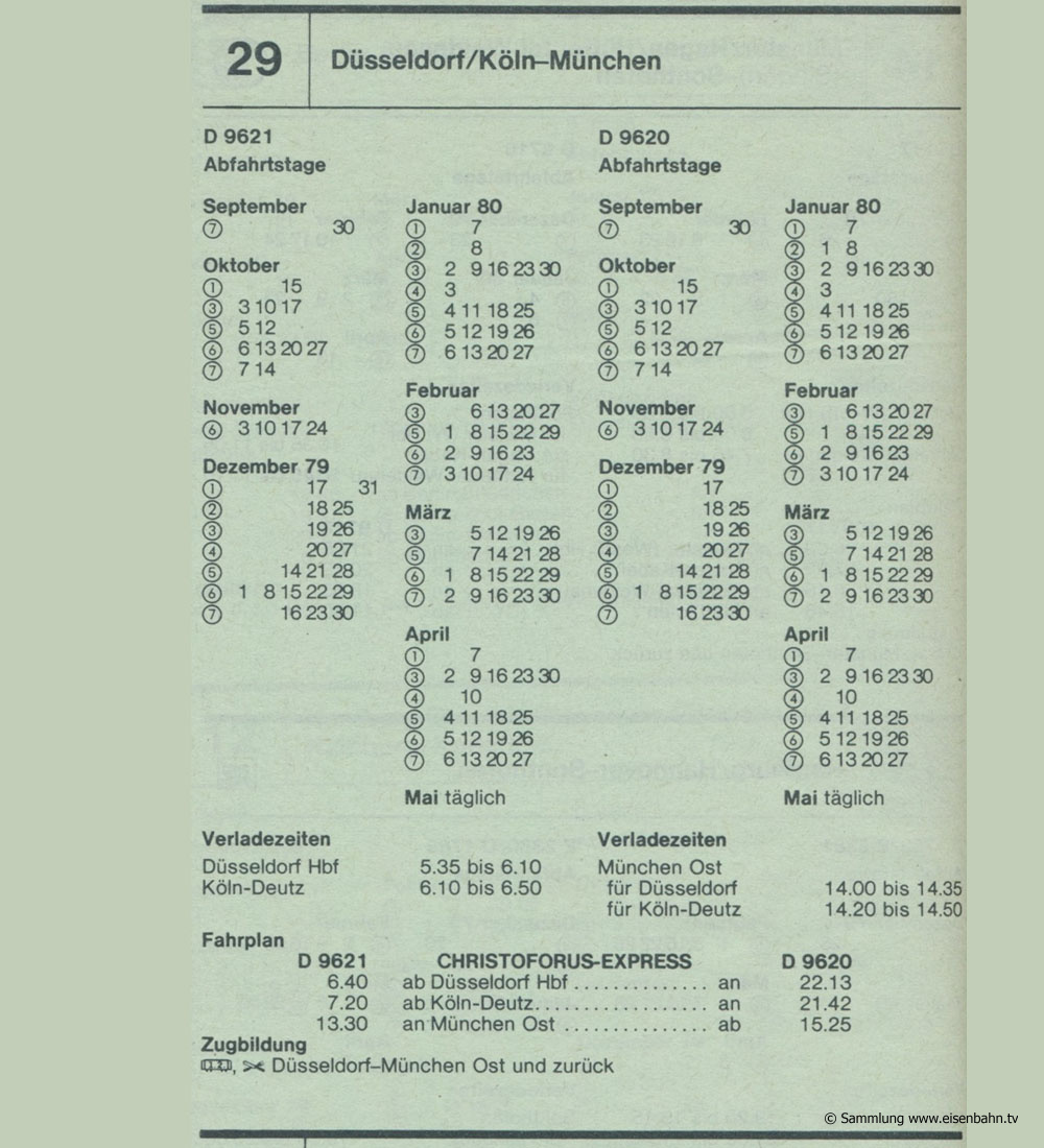 CHRISTOPHORUS-EXPRESS D 9621 D 9620 Düsseldorf /  Köln - München Autozug Autoreisezug Fahrplan aus dem Kursbuch 1979 1980