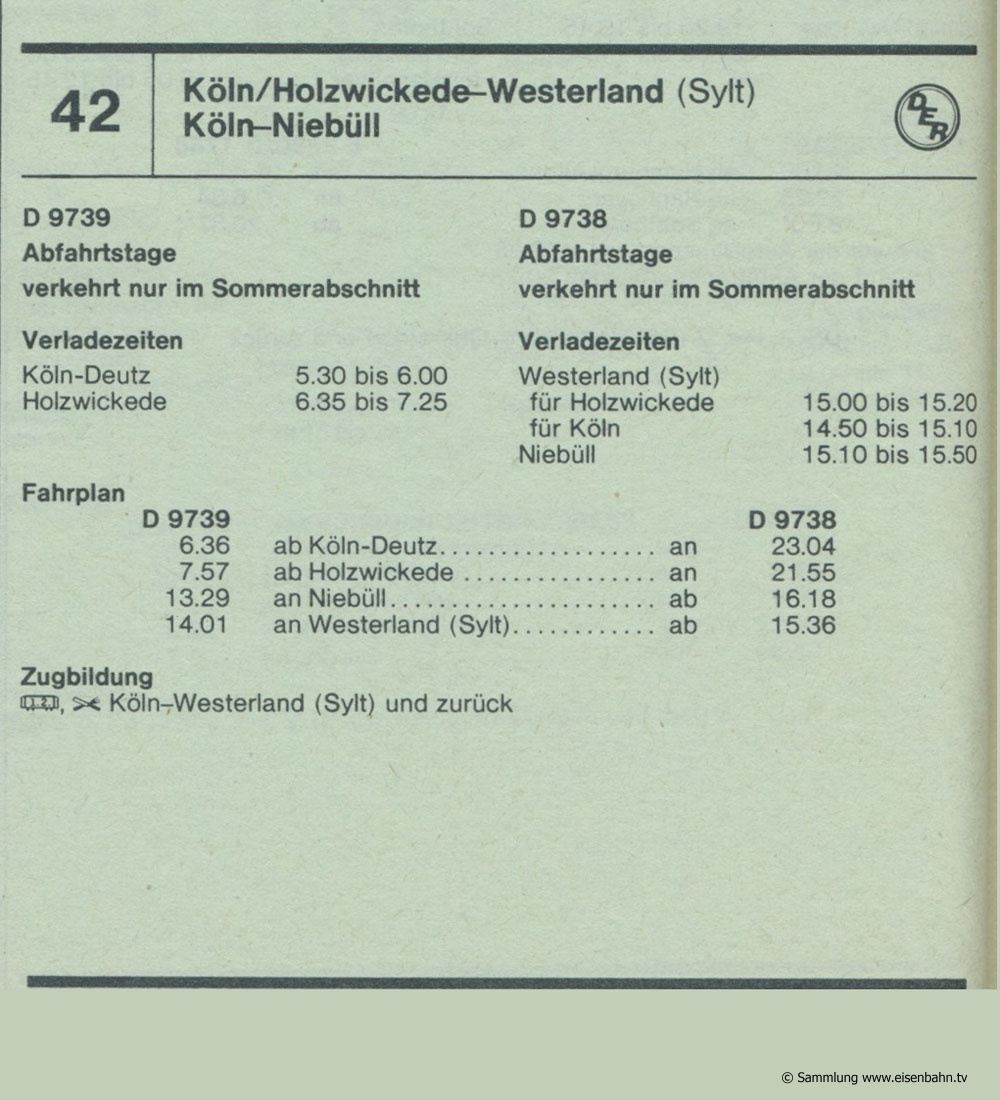 D 9739 D 9738 Köln / Holzwickede - Niebüll / Westerland Sylt Autozug Autoreisezug Fahrplan aus dem Kursbuch 1979 1980