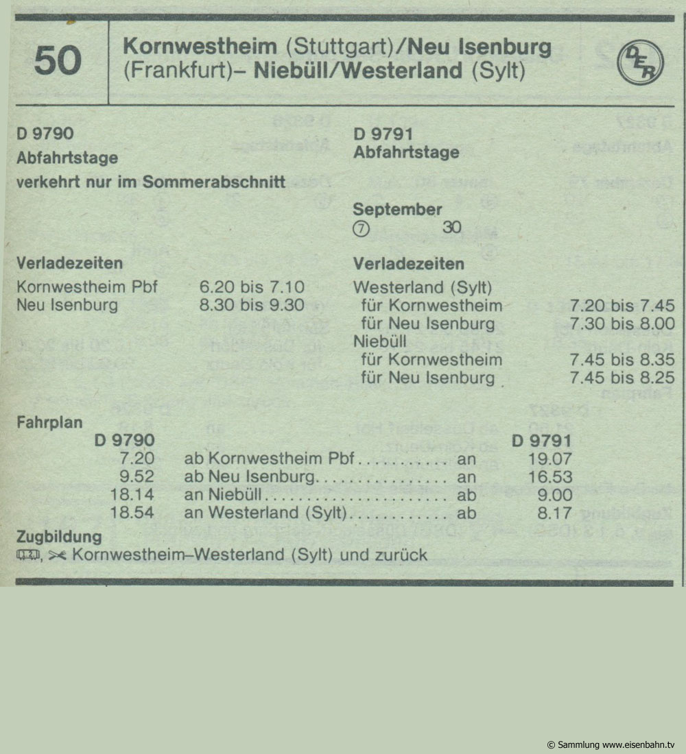 D 9790 D 9791 Kornwestheim (Stuttgart) / Neu Isenburg (Frankfurt)  - Neibüll / Westerland (Sylt) Autozug Autoreisezug Fahrplan aus dem Kursbuch 1979 1980