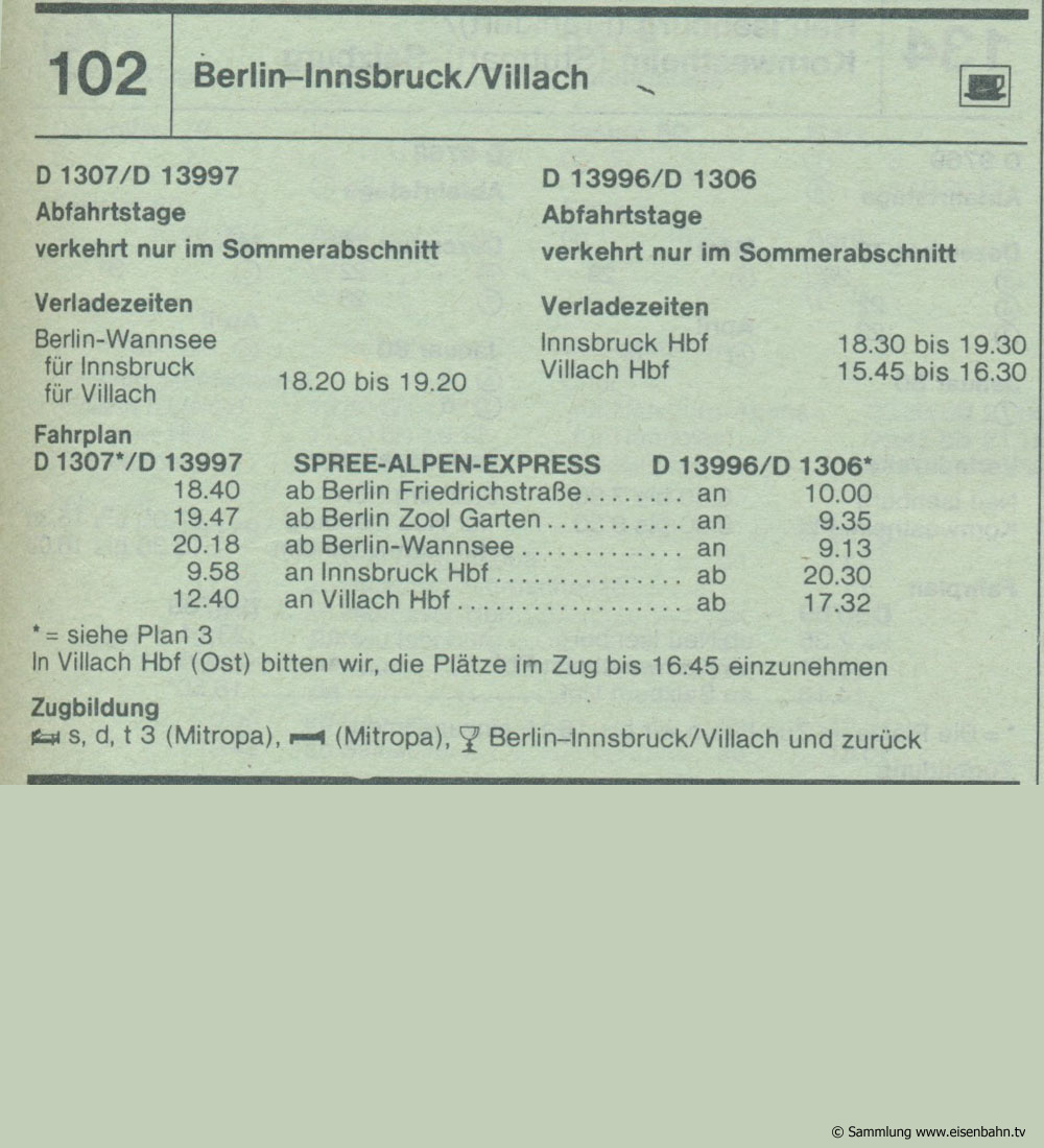 SPREE-ALPENSEE-EXPRESS D 1307 D 13997 D 13996 D 1306 Berlin - Insbruck / Villach Autozug Autoreisezug Fahrplan aus dem Kursbuch 1979 1980