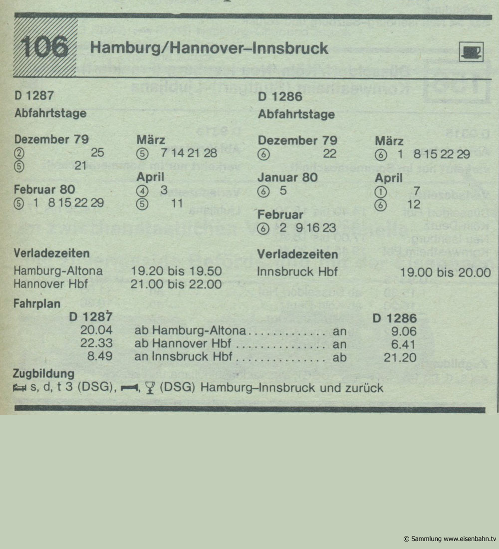 D 1287 D 1286 Hamburg / Hannover - Insbruck Autozug Autoreisezug Fahrplan aus dem Kursbuch 1979 1980