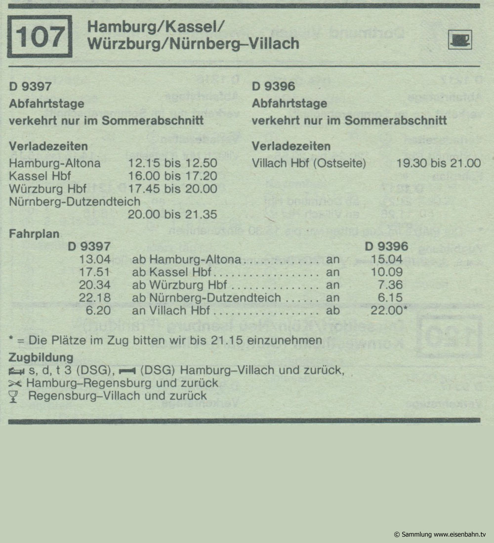 D 9397 D 9396 Hamburg / Kassel  / Würzburg / Nürnberg - Villach  Autozug Autoreisezug Fahrplan aus dem Kursbuch 1979 1980