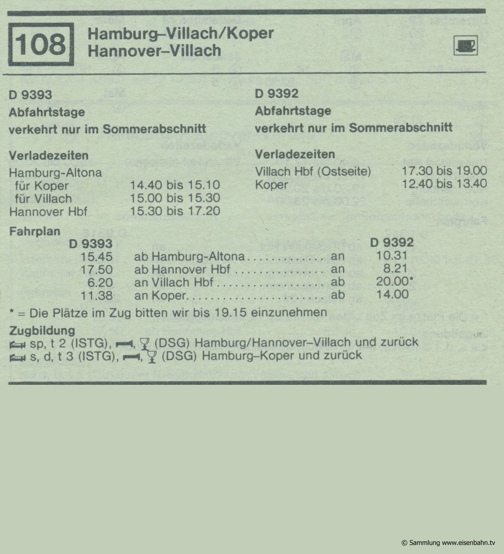 D 9393 D 9392 Hamburg - Hannover - Villach / Koper  Autozug Autoreisezug Fahrplan aus dem Kursbuch 1979 1980