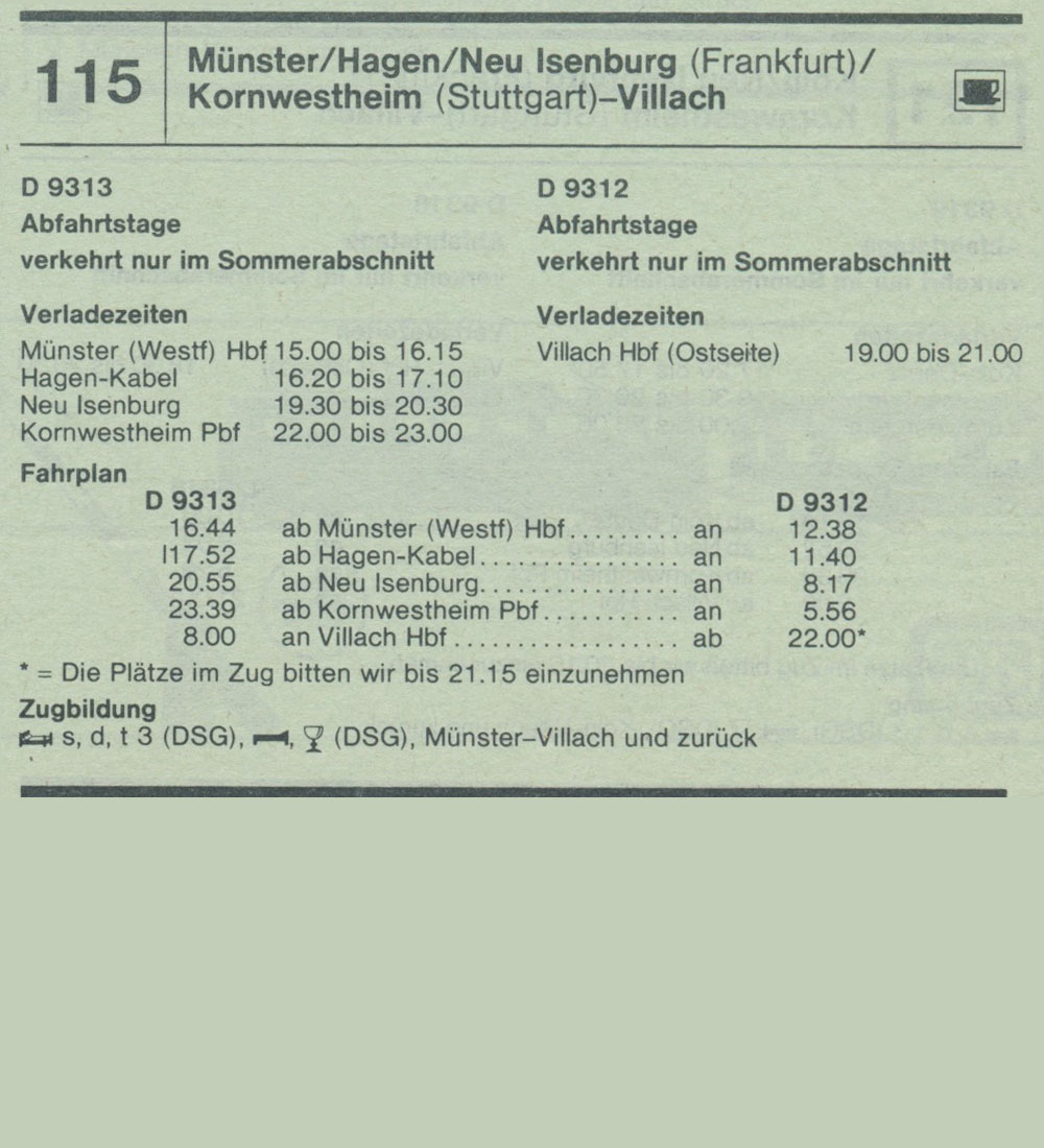 D 9113 D 9312 Münster / Hagen / Neu Isenburg (Frankfurt) / Kornwestheim ( Stuttgart) - Villach Autozug Autoreisezug Fahrplan aus dem Kursbuch 1979 1980