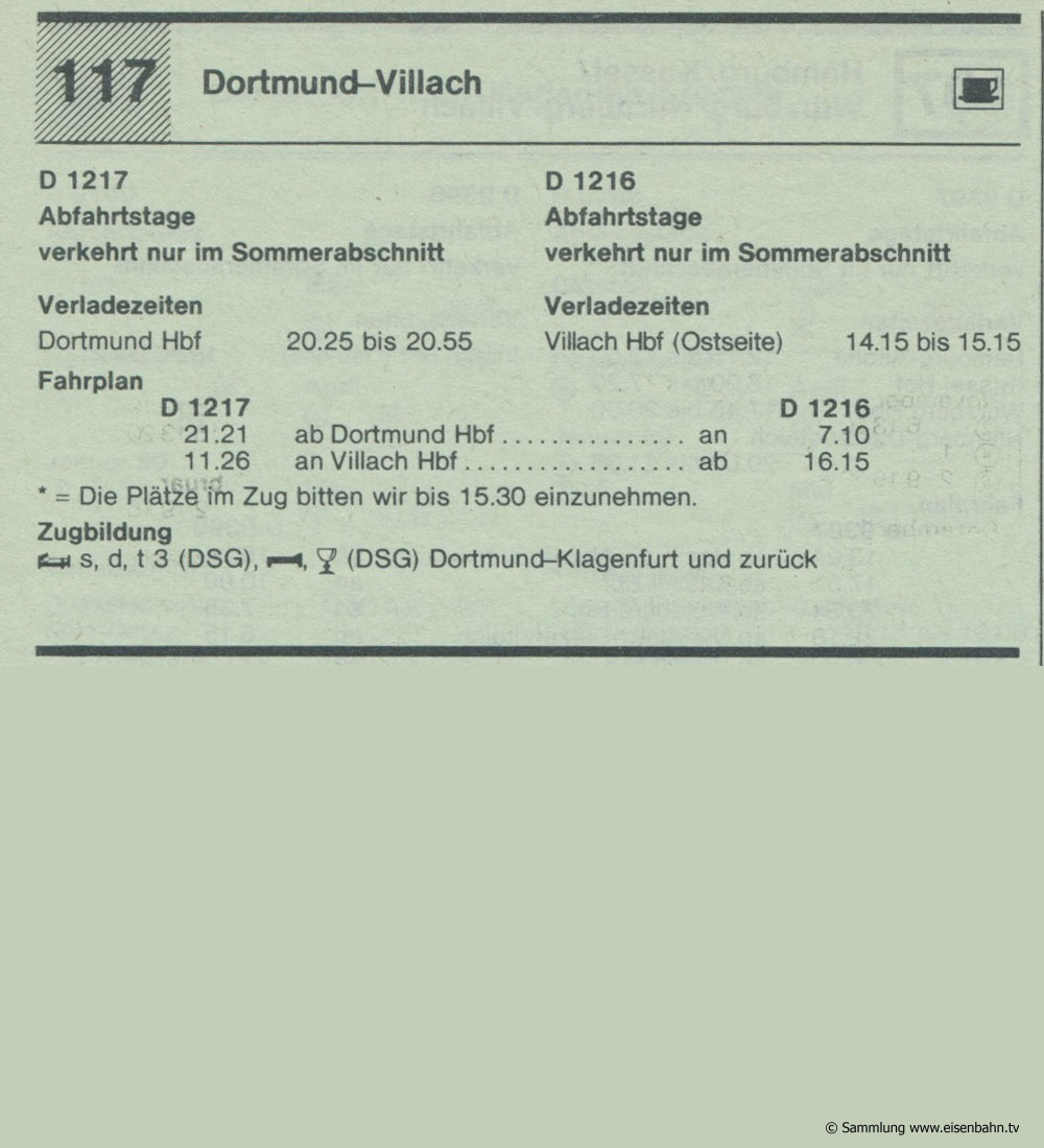 D 1217 D 1216 Dortmund - Villach Autozug Autoreisezug Fahrplan aus dem Kursbuch 1979 1980