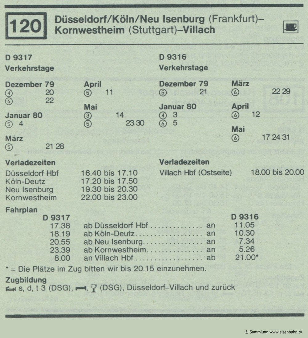 D 9317 d 9316 Düsseldorf / Köln / Neu Isenburg (Frankfurt) - Kornwestheim ( Stuttgart) - VillachAutozug Autoreisezug Fahrplan aus dem Kursbuch 1979 1980