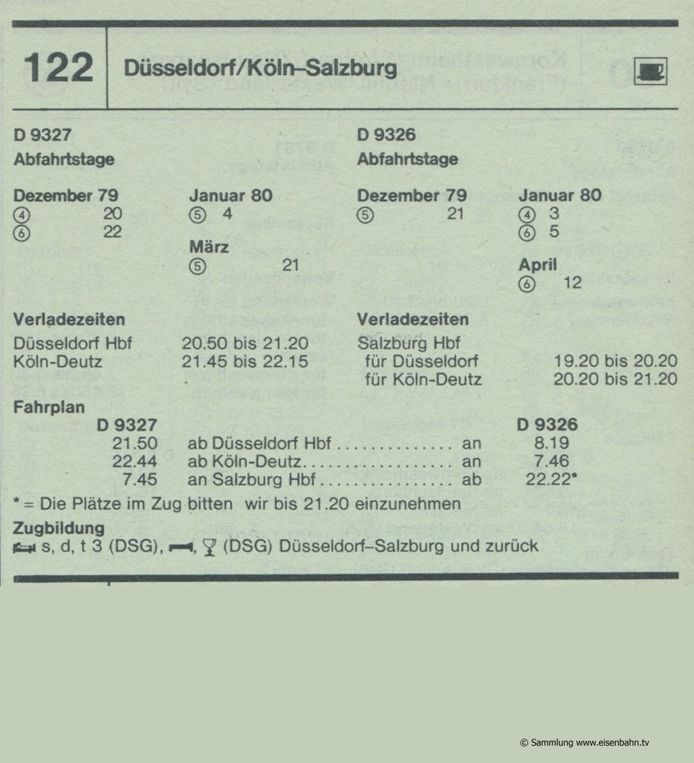 D 9327 D 9326 Düsseldorf / Köln -Salzburg Autozug Autoreisezug Fahrplan aus dem Kursbuch 1979 1980