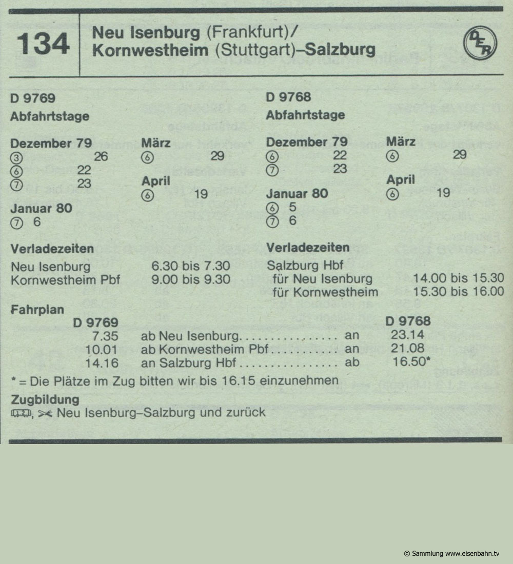 D 9769 D 9768 Neu Isenburg ( Frankfurt) / Kornwestheim (Stuttgart) - Salzburg Autozug Autoreisezug Fahrplan aus dem Kursbuch 1979 1980