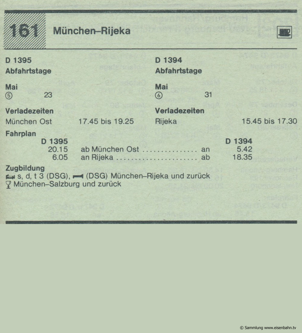 D 1395 D 1394  München - Rijeka Autozug Autoreisezug Fahrplan aus dem Kursbuch 1979 1980