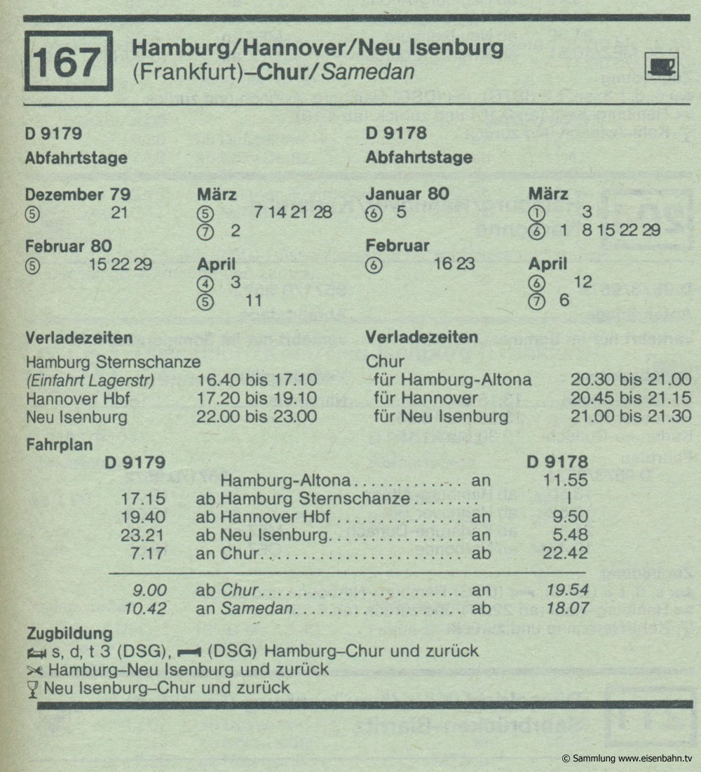 D 9179 D 9178 Hamburg / Hannover / Neu Isenburg (Frankfurt) - Chur / Samedan   Autozug Autoreisezug Fahrplan aus dem Kursbuch 1979 1980