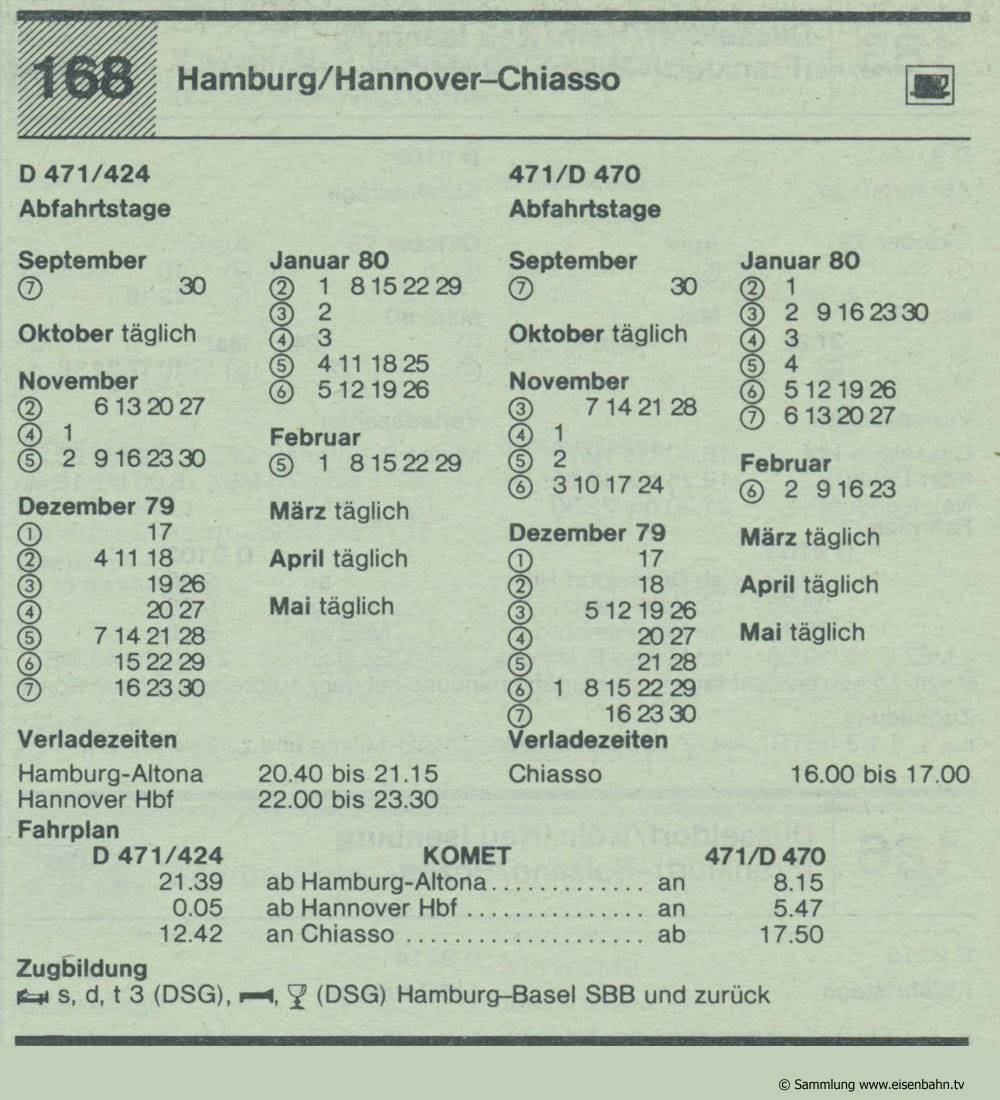 KOMET D 471 - D 424 - D 471 - D 470 Hamburg / Hannover - Chiasso Autozug Autoreisezug Fahrplan aus dem Kursbuch 1979 1980