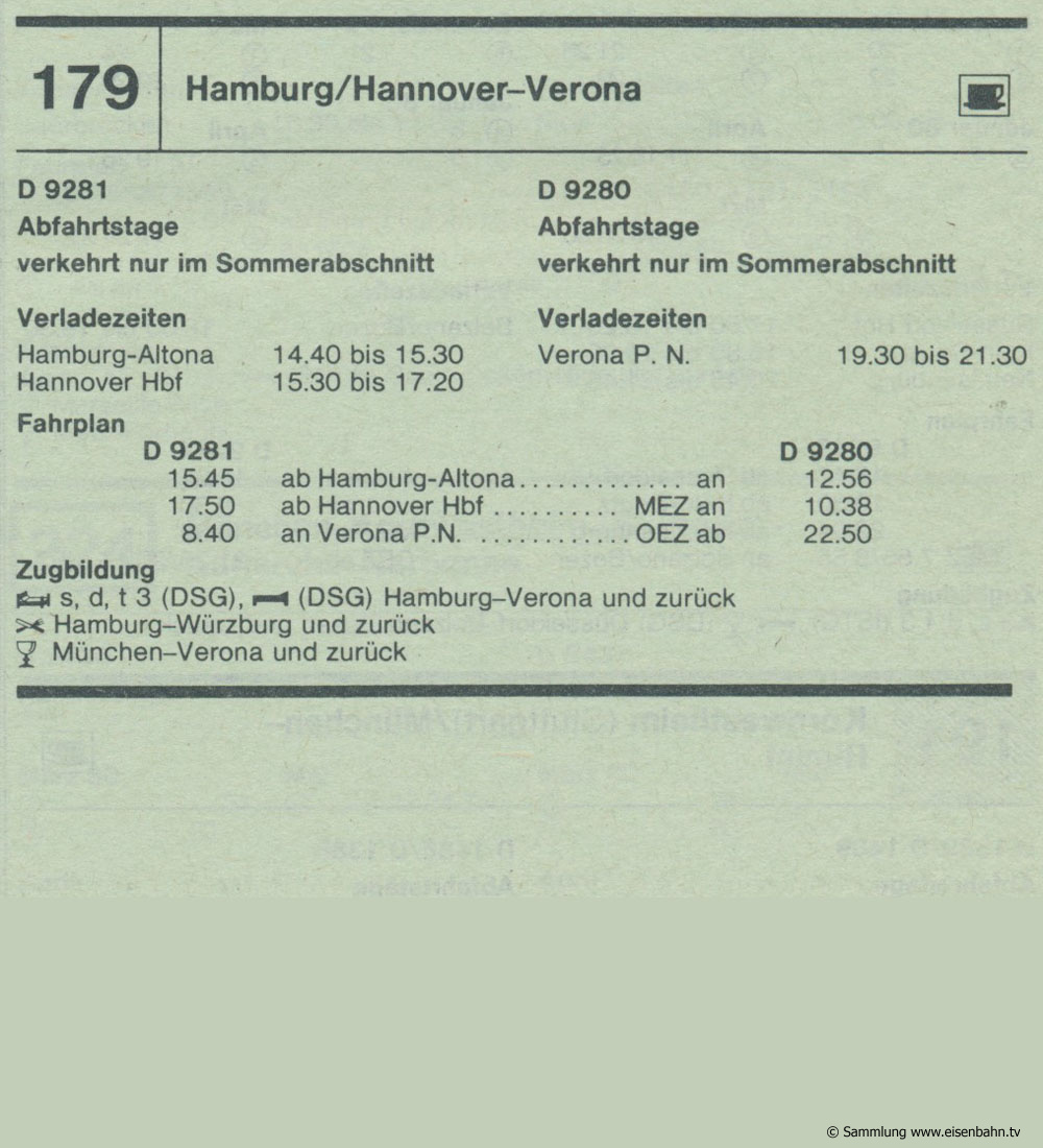 D 9281 D 9280 Hamburg / Hannover - Verona Autozug Autoreisezug Fahrplan aus dem Kursbuch 1979 1980