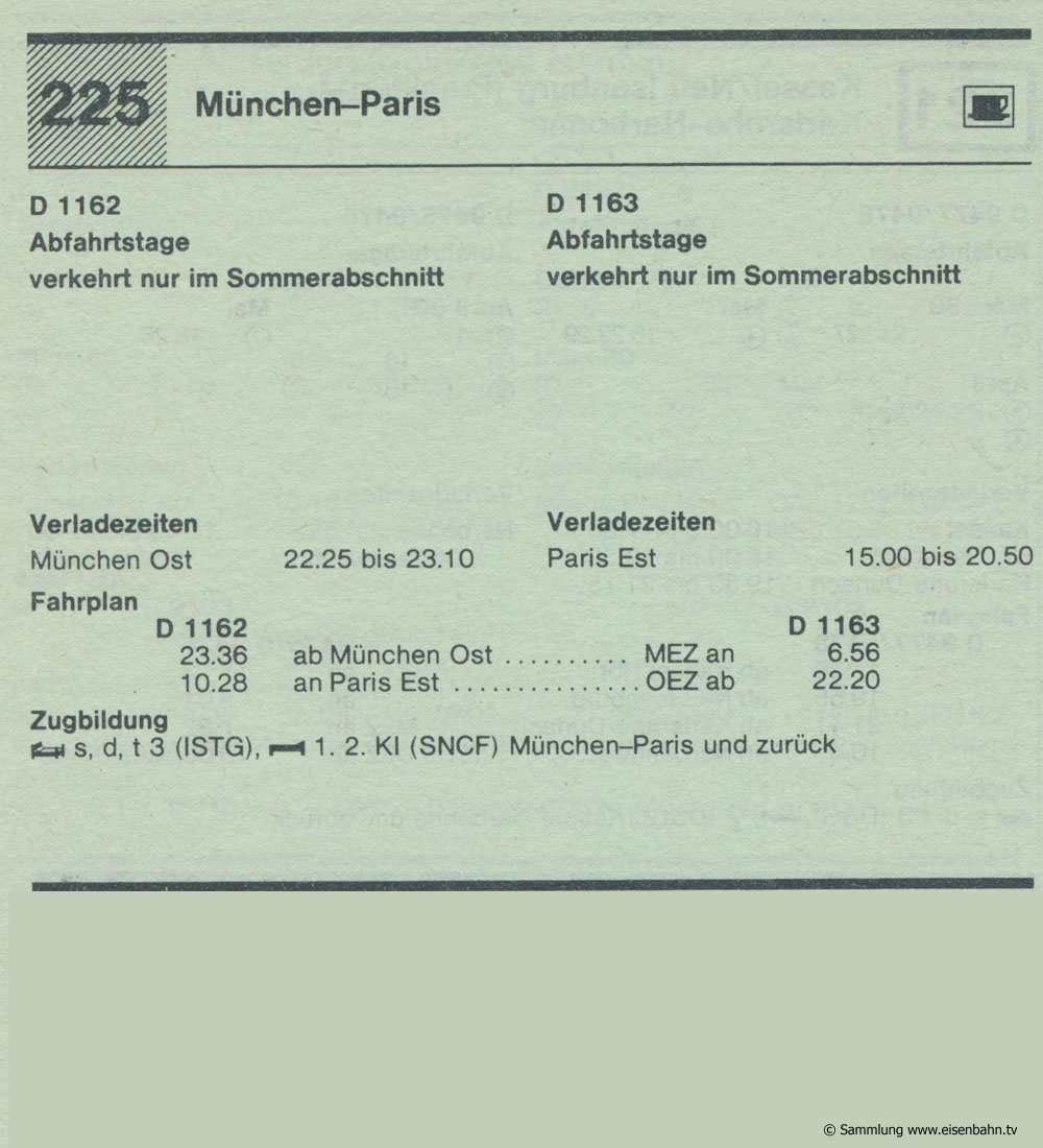 D 1162 D 1163 München - Paris Autozug Autoreisezug Fahrplan aus dem Kursbuch 1979 1980