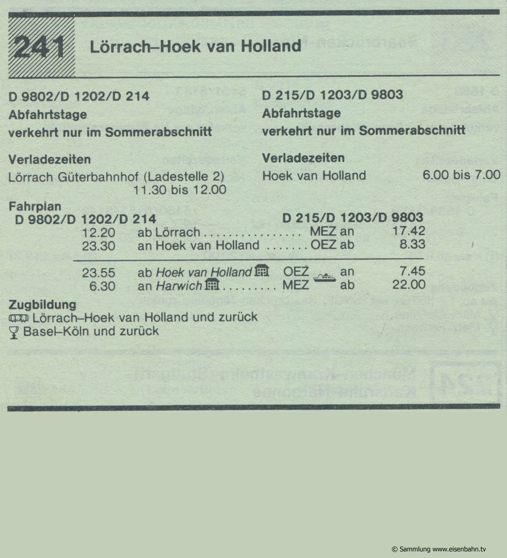 D 9802 D 1202 D 124 D 215 D 1203 D 9803 Lörrach - Hoek van Holland Autozug Autoreisezug Fahrplan aus dem Kursbuch 1979 1980