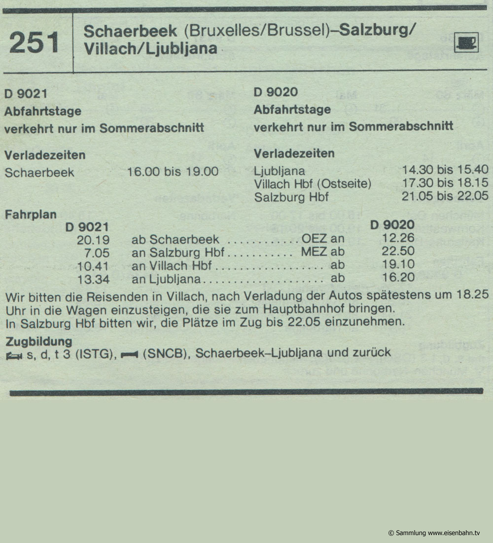 D 9021 D 9020 Schaerbeek (Bruxelles Brüssel) - Salzburg - Villach - Ljubljana Autozug Autoreisezug Fahrplan aus dem Kursbuch 1979 1980