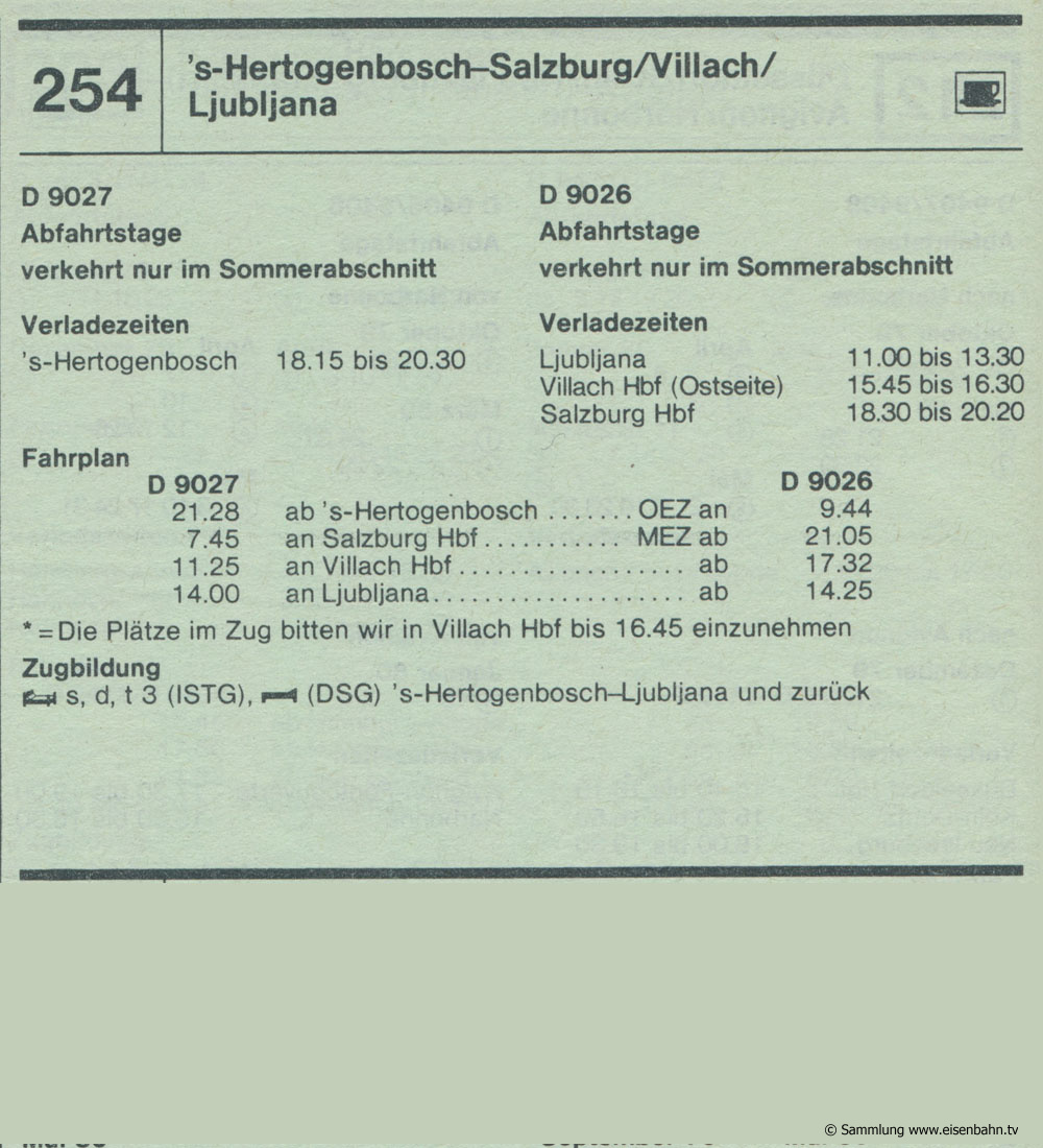 D 9027 D 9026 's-Hertogenbosch - Salzburg / Villach / Ljubljana Autozug Autoreisezug Fahrplan aus dem Kursbuch 1979 1980