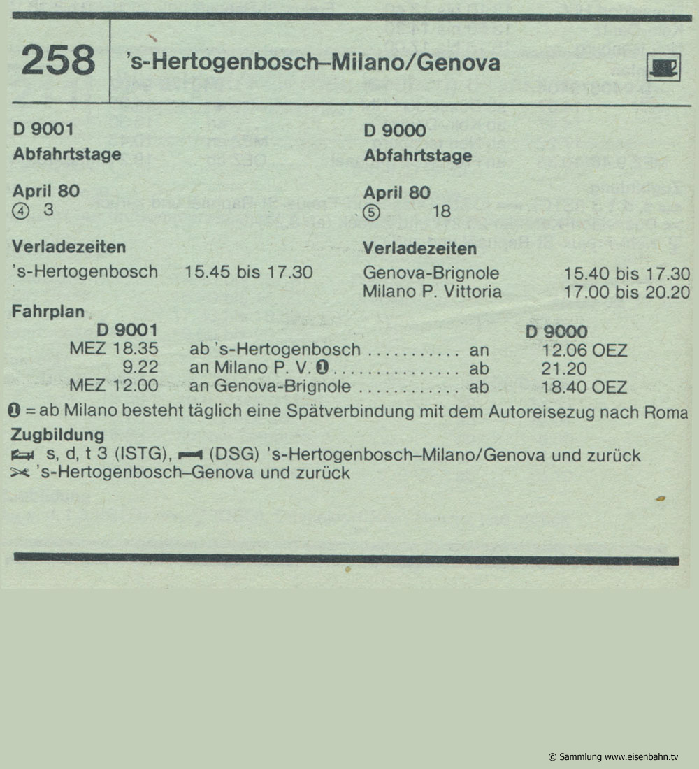 D9001 D 9000 's-Hertogenbosch - Milano / Genova  Autozug Autoreisezug Fahrplan aus dem Kursbuch 1979 1980