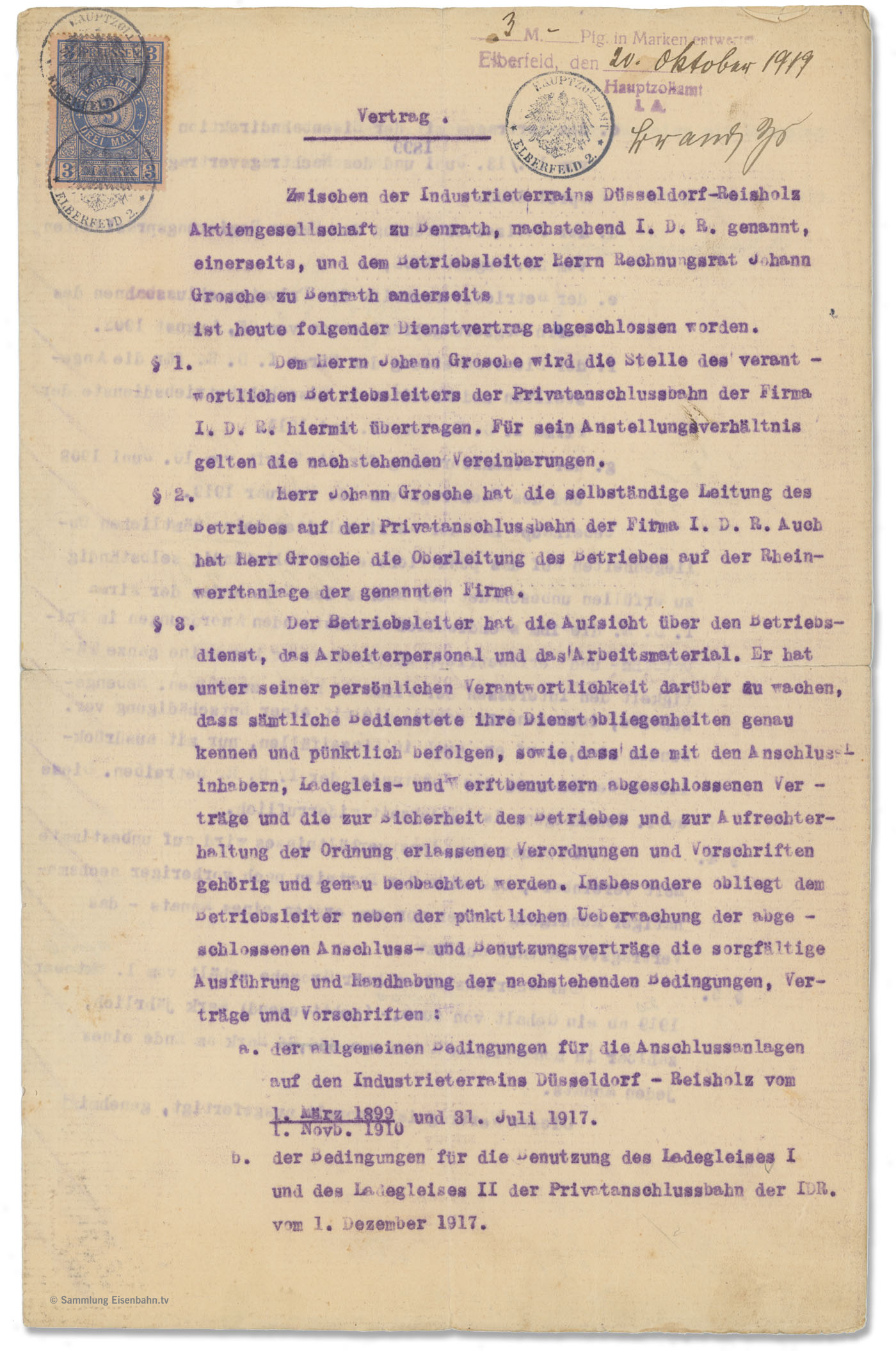 Dienstvertrag zwischen Johann Gottfried Grosche und der Industrieterrains Düsseldorf-Reisholz AG von 1919.