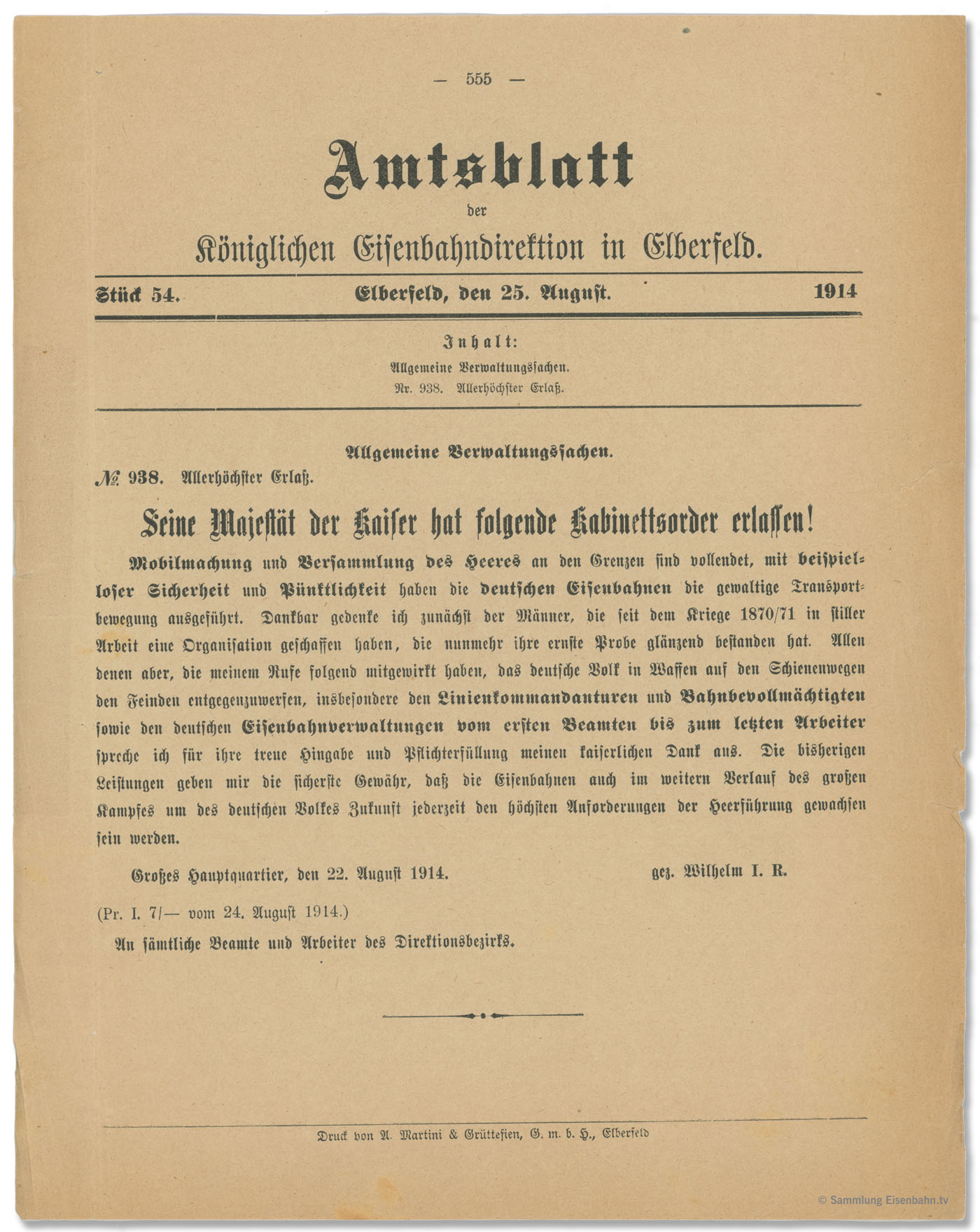 Amtsblatt der Königlichen Eisenbahndirektion Elberfeld vom 29. August 1914. Die kaiserliche Botschaft würdigte die Leistungen der Eisenbahnbediensteten bei der Mobilmachung.