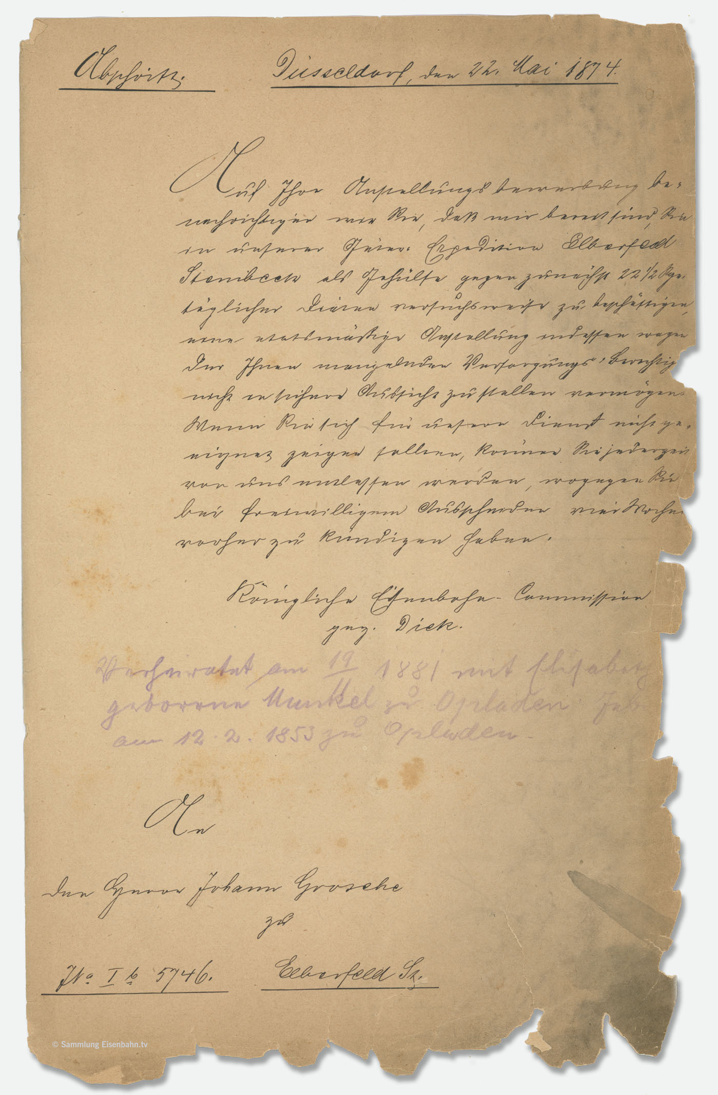 Einstellungsschreiben für Johann Gottfried Grosche vom 22. Mai 1874