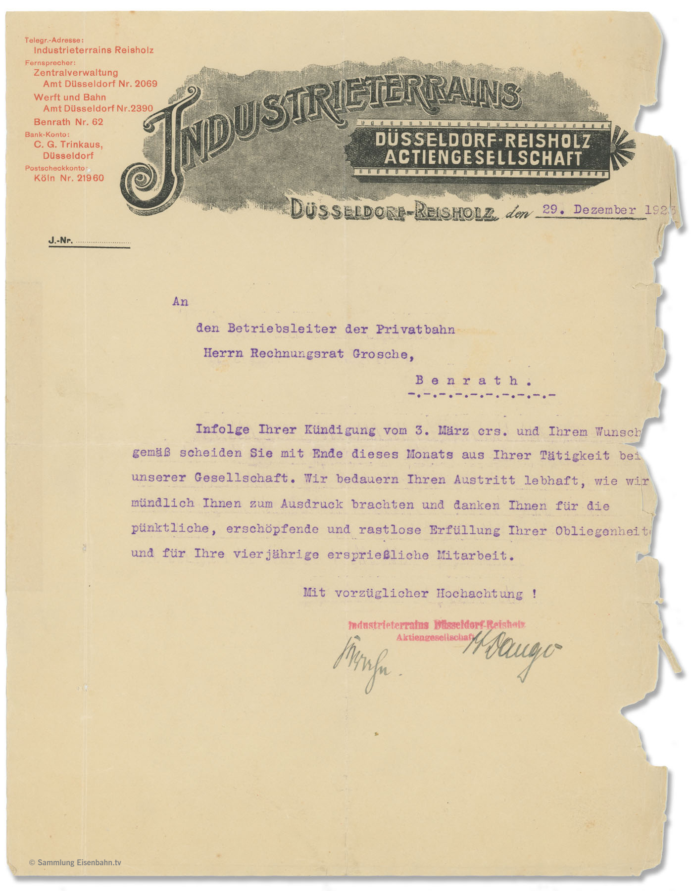 Abschiedsschreiben der Industrieterrains Düsseldorf-Reisholz AG vom 29. Dezember 1923.