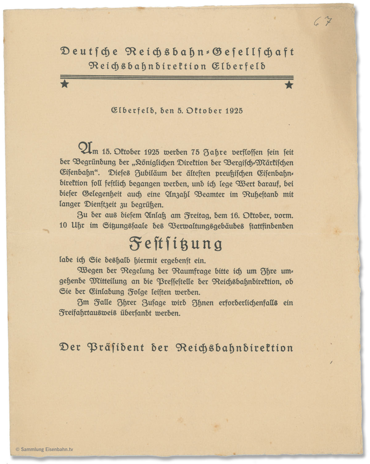 Einladung zum 75-jährigen Bestehen der ehemaligen Bergisch-Märkischen Eisenbahndirektion 1925