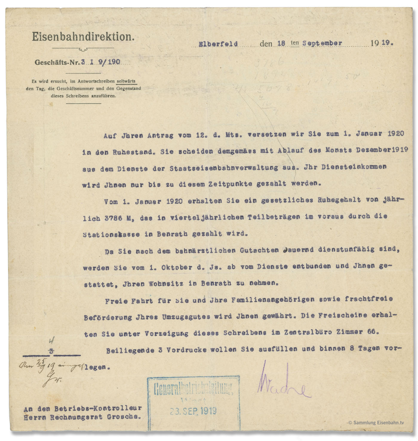 Verfügung vom 18. September 1919. Grosche wird auf eigenen Antrag zum 1. Januar 1920 in den Ruhestand versetzt.